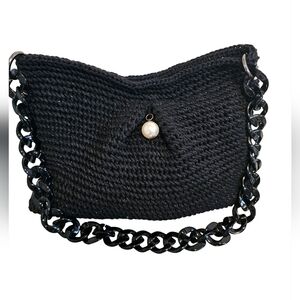 Black Crochet Single Pearl Boho Chunky Chain Strap Shoulder Handbag
